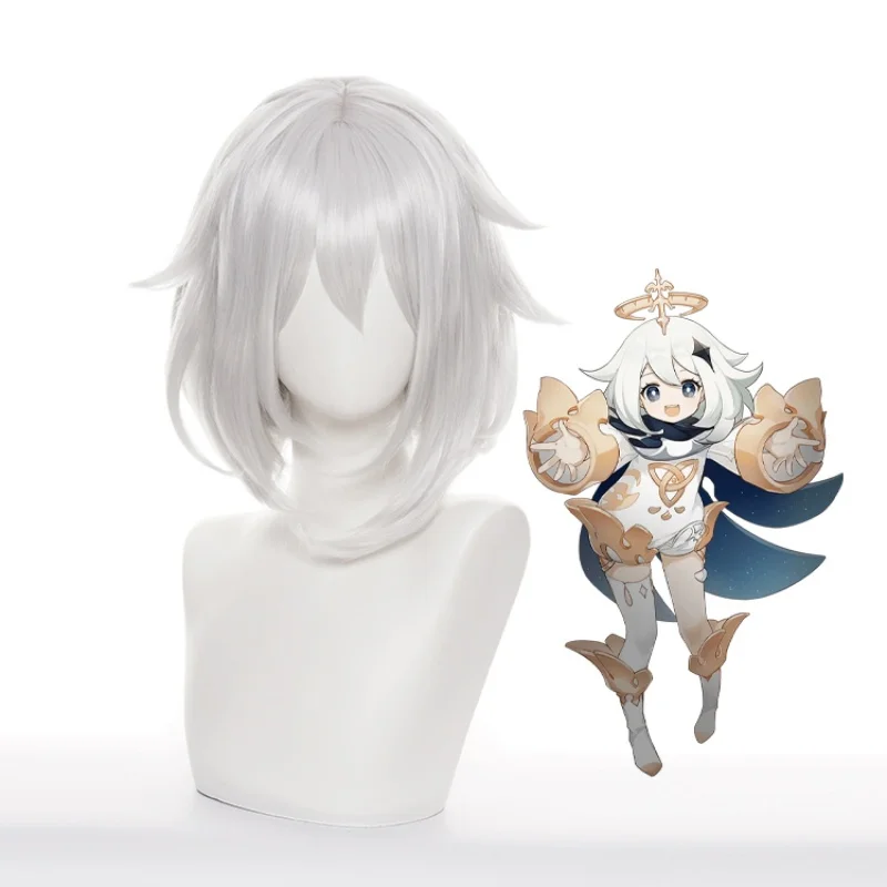 

Genshin Impact Game Paimon Silver Gray Large Inner Buckle Cosplay Wig Anime Heat Resistant Synthetic Wig + Wig Cap