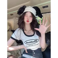 Hong Kong Style Spicy Woman Color Blocking T-Shirt Slimming Effect Smooths Your Silhouette Pure Desire Sweet Slimmings Short Sle