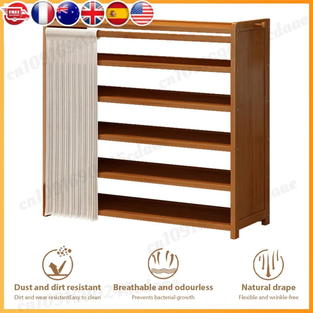 

6-Tier Shoes Racks Organizer with White Gauze Curtain Wooden Storage Shelves for Entryway Hallway Bedroom Closet Living Room