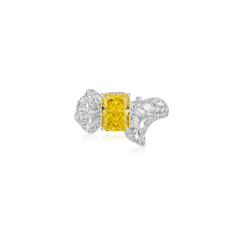 BELLUX 925 Silver Gold Plated Shiny Cut Yellow Synthetic Zirconia Cocktail Ring Art Deco Bowknot Shaped Ring for Women