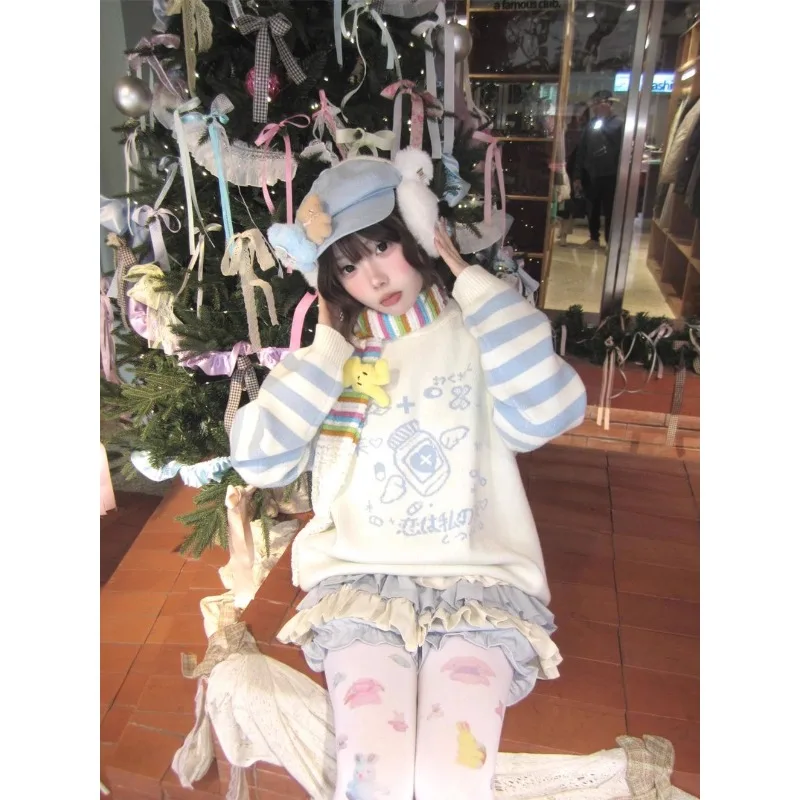 

Японский кавайный вязаный свитер, женский укороченный топ Y2k, пуловер с круглым вырезом и длинными рукавами, женская субкультура, американская винтажная одежда