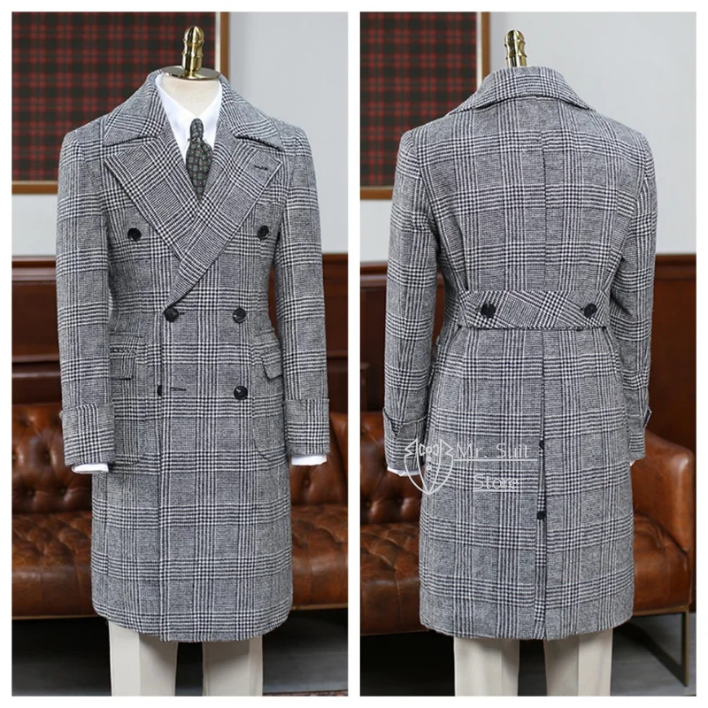 

Men's Wool Blend Long Suit Classic Plaid Double-breasted Jacket Overcoat Warm Thick Winter Trench Coat Formal Blazer Peacoat