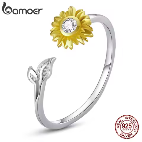 bamoer 925 Sterling Silver Sunflower Open Ring Crystal Golden Sun Adjustable Ring for Women Engagement Jewelry Anillo BSR213