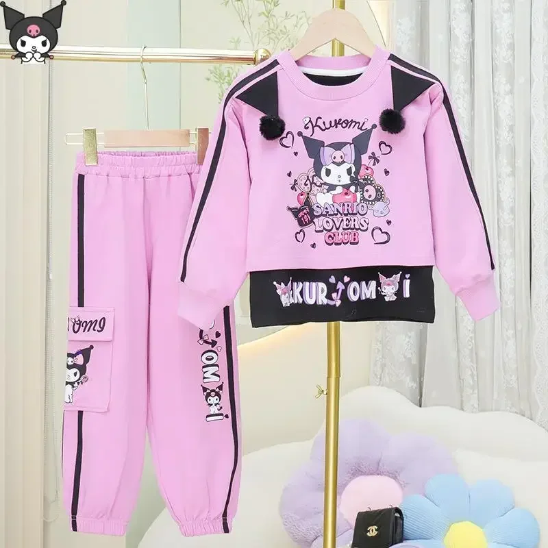 Kuromi الكرتون Kawaii الفتيات مجموعة سانريو أنيمي ربيع الخريف جديد طويل الأكمام تي شيرت عادية الرياضة تنفس السراويل القطنية الناعمة