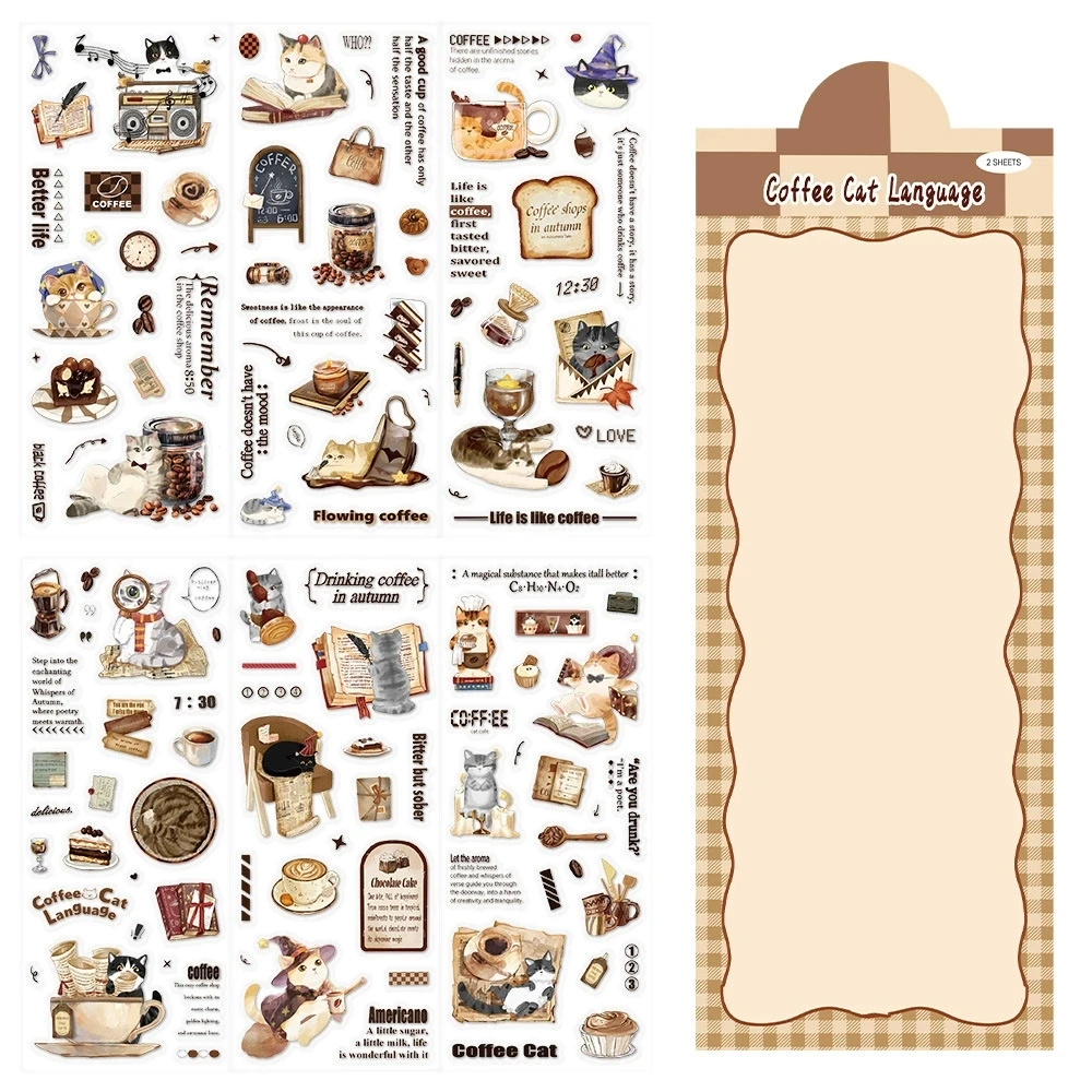 6/12/18 PCS Cute Coffee Cat Themed Stickers, Kawaii Cat & Coffee Pattern Decals, Waterproof Vinyl Stickers for Journal, Laptop