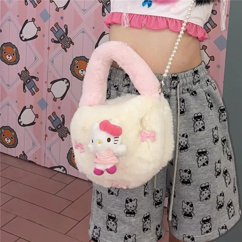 Xiuya Y2k Cute Shoulder Bag for Women Hello Kitty Plush Fluffy Small Fashion Handbag Soft Harajuku Style Female Crossbody Bag