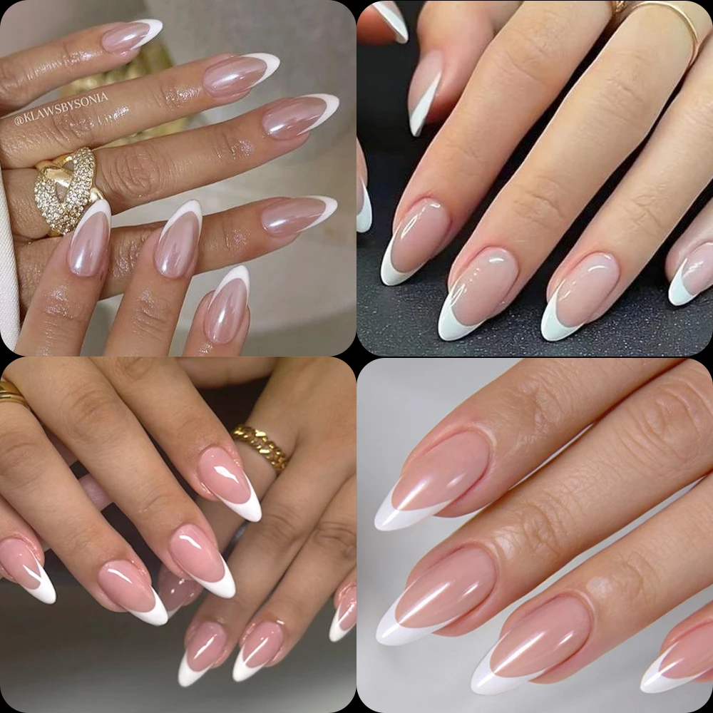 120 unids/bolsa de uñas postizas con punta blanca transparente, uñas postizas francesas brillantes, puntas de uñas postizas de almendra francesa de longitud media