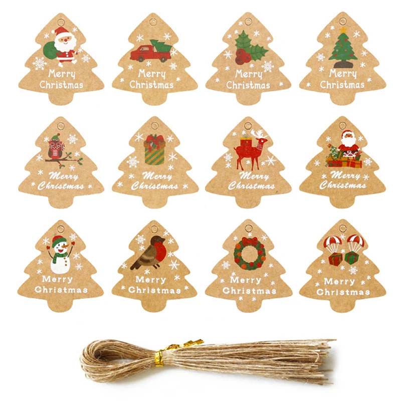 48szt Wesołych Świąt Kraft Paper Tags Xmas tree Hanging Label Navidad new year Party Gift Card Decorations for Home