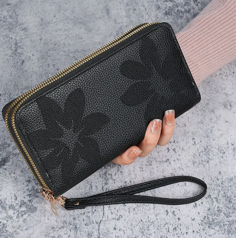 Neue Doppel-reißverschluss Große Kapazität Lange Brieftasche für Frauen Mode Multi-schicht Telefon Münze Karte Geldbörse Floral Geprägte PU leder – Detail 15