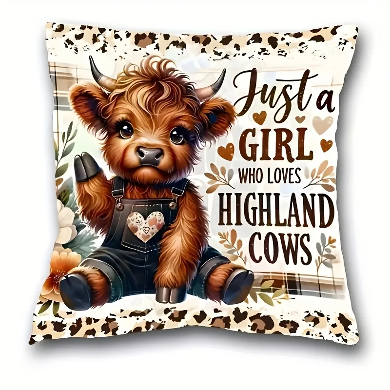1pc Highland Cow Cute Pet Printed Throw Pillow Cover,Suitable for Sofa,Bedroom,Living Room,a Lovely Gift for Highland Cow Lovers