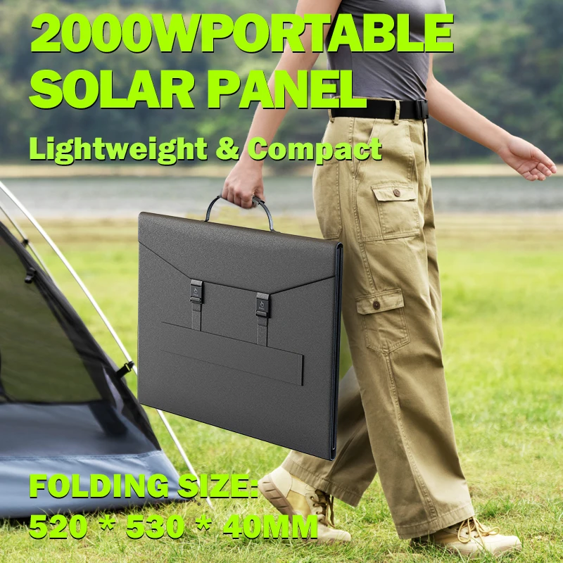Painel Solar Monocristalino Portátil Dobrável 2000W Compacto à Prova d'Água Carregador para RV, Camping e Fonte de Energia de Emergência Off-Grid