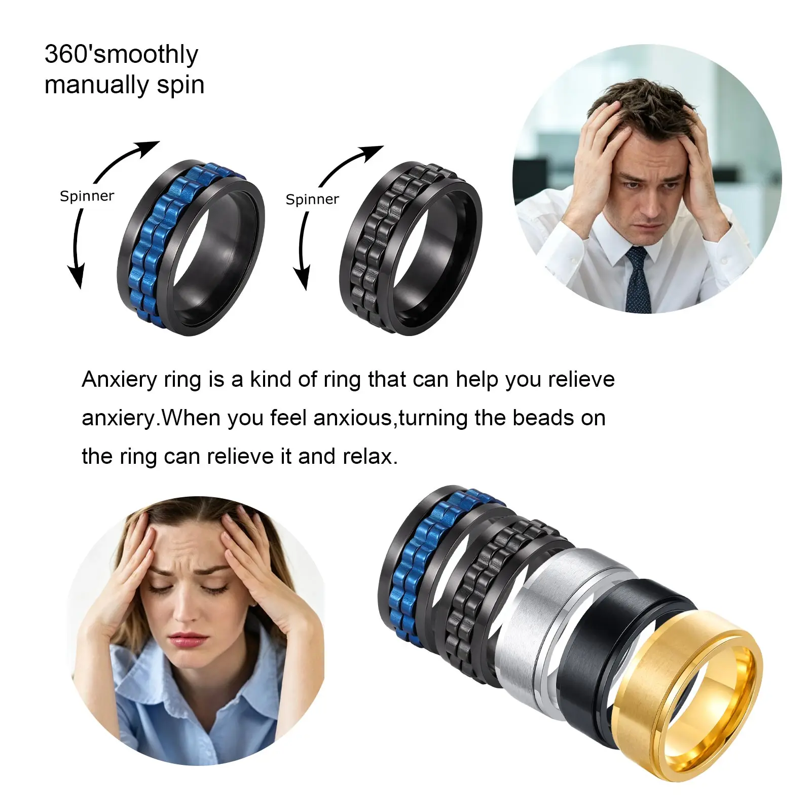 Vnox Herren Edelstahl Spinner Fidget Ring, Anti-Angst Drehbarer Kreuzketten-Ehering, Stressabbauendes Fingerschmuck-Geschenk – Detail 9