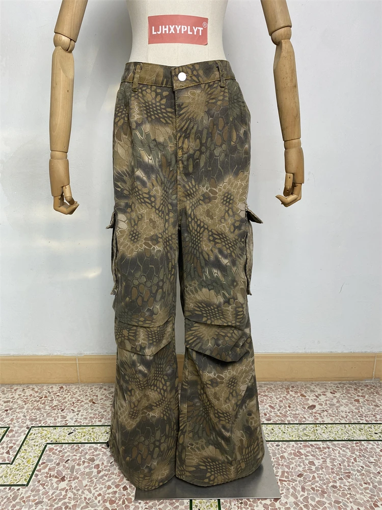 Women's Large Pocket Snake Print High Waisted Vintage Trousers Cool Girl Simple Street Straight Bottoms Female Wide Leg Pants