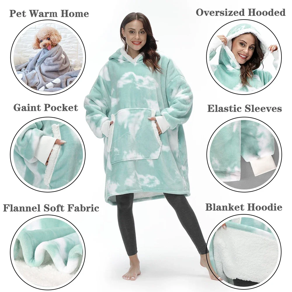 Winter TV Blanket Loose Wearable Soft Plush Hooded Fleece Sofa Blanket with Sleeve Wearable Warm Hoodie Blanket Clothes TV-Decke