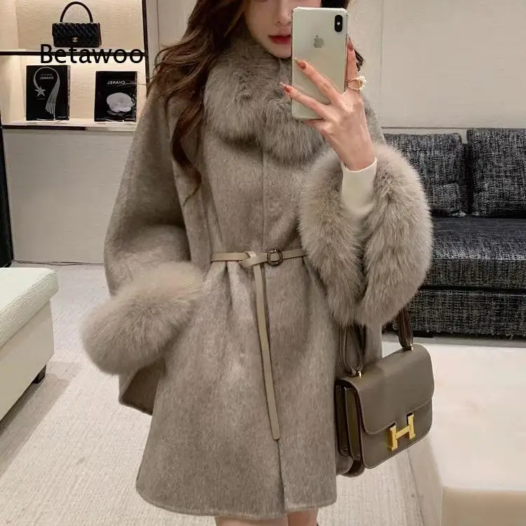 Women Double Sided Wool Coat With Faux Fur Collar Cloak Cape Style Wool Blend Faux Fur Outerwear For Spring And Autumn Daily We