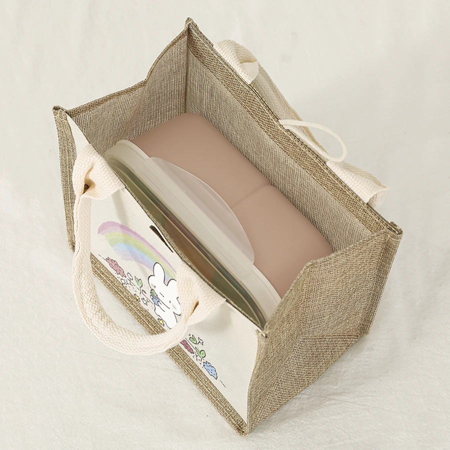 حقيبة يد من الكتان، حقيبة صندوق غداء مطبوعة برسوم كارتونية ذات سعة كبيرة، حقيبة محمولة باليد، مقاومة للماء ومتعددة الاستخدامات #6