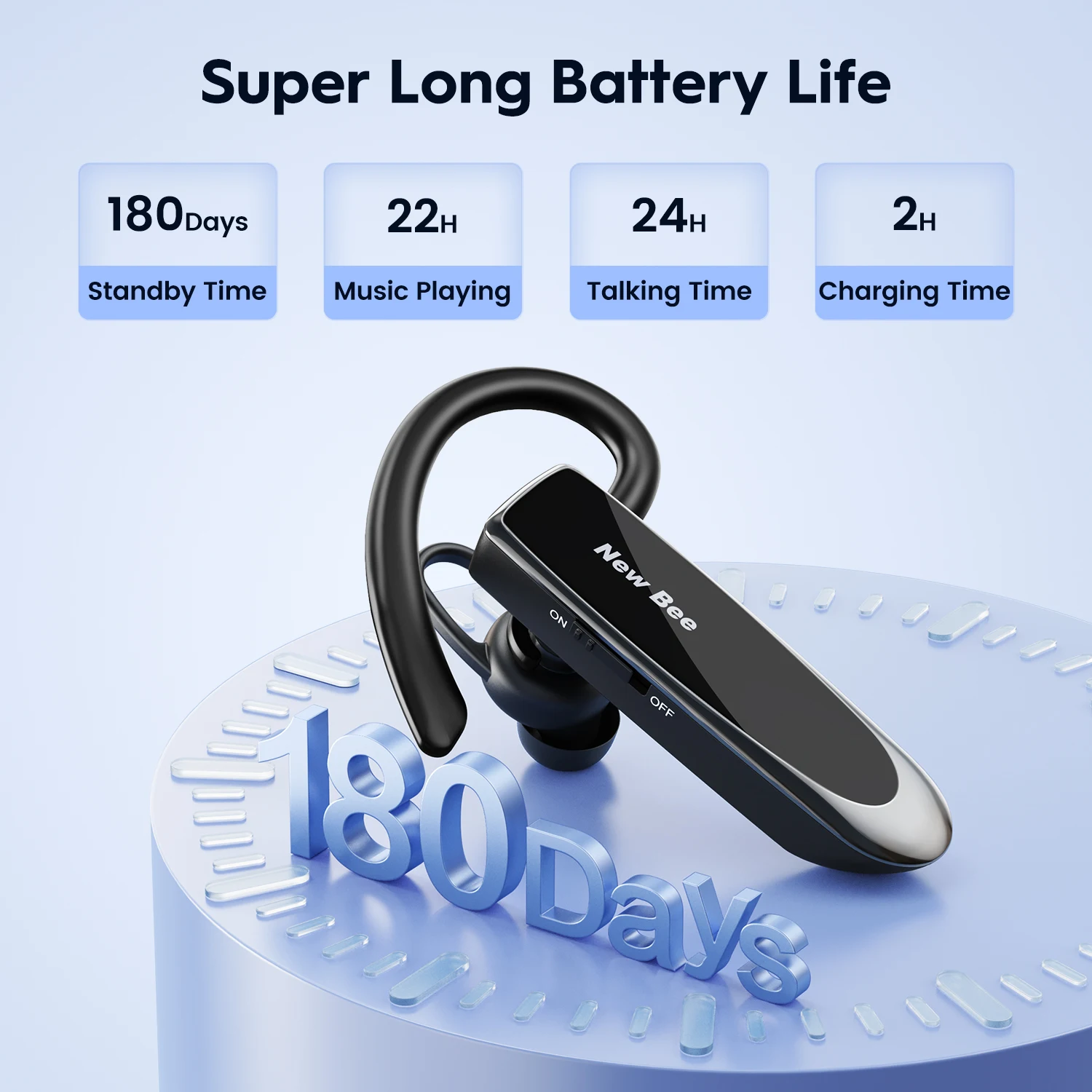 New Bee B41 Bluetooth Headset Wireless Earphones Single Earpiece  for Driver Office Hands-free Headphones 24H with Mute Button
