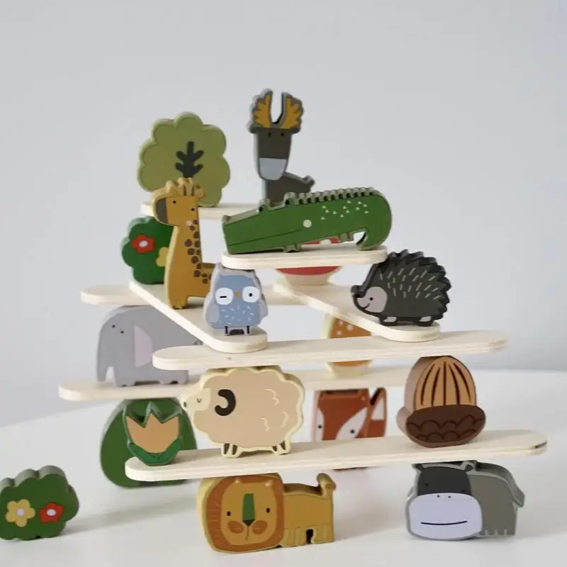 Stacking Animal Blocks STEM Wooden Stacking Animals Blocks Educational Balancing Activities Toy Fine Motor Skills Learning Games