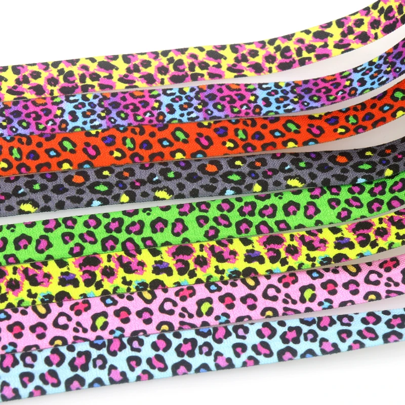 DHK 5/8'' 5yards Leopard Printed Fold Elastic FOE Stretch Ribbon Hairbow Headwear Accessories Craft DIY Sewing C2039