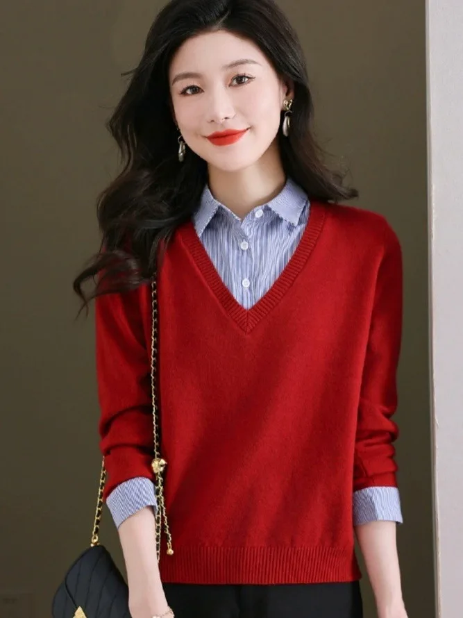 Otoño Invierno mujer Ne falso suéter de punto de dos piezas largo Sve mezcla de lana suave Casual Sle calidez cómoda