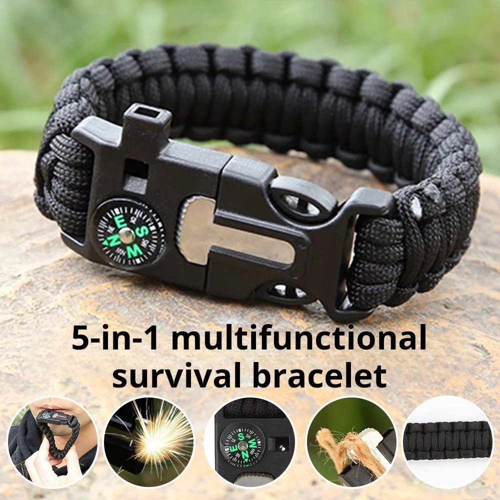 

4 in 1 Emergency Survival Bracelet For Men Outdoor Rescue Parachute Cord Wristband Whistle Compass Paracord