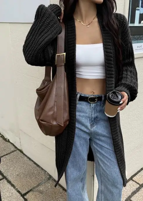 Autunno e inverno 2025 Tinta unita Moda Y2K Spicy Girl Cappotto cardigan lavorato a maglia in lana Cappotto lavorato a maglia allentato con maniche a lanterna da donna