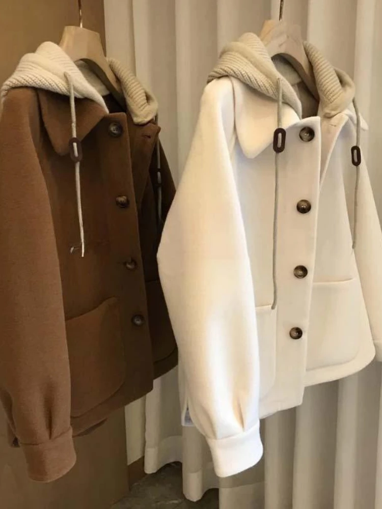 

Женская осенне-зимняя новая шерстяная куртка с капюшоном, новое шерстяное пальто, стильное миниатюрное укороченное утолщенное короткое стильное пальто