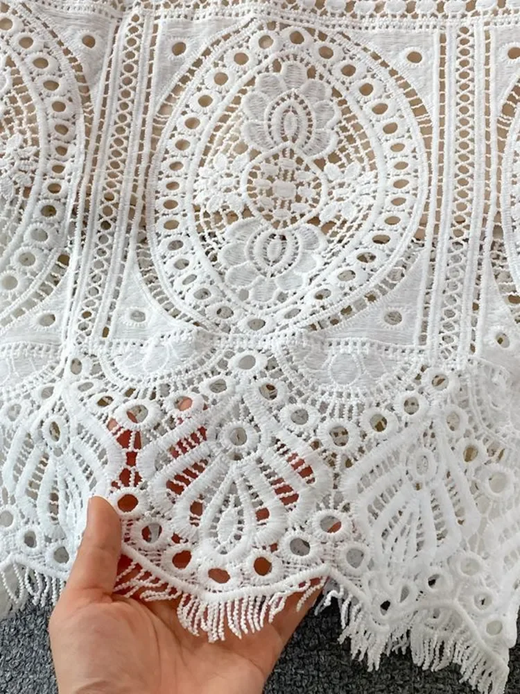 2023 Summer Runway Flower Hollow Out Lace Dress For Women's Square Collar Bubble Sleeve Elegant White Bodycon Mini Vestidos