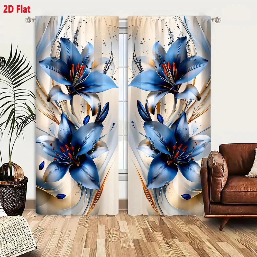 2Pcs Curtains 2D Flat Symmetrical Abstract Blue Lily Flowers With Orange Stamens On Creamy Beige Background Window Drapes for Be
