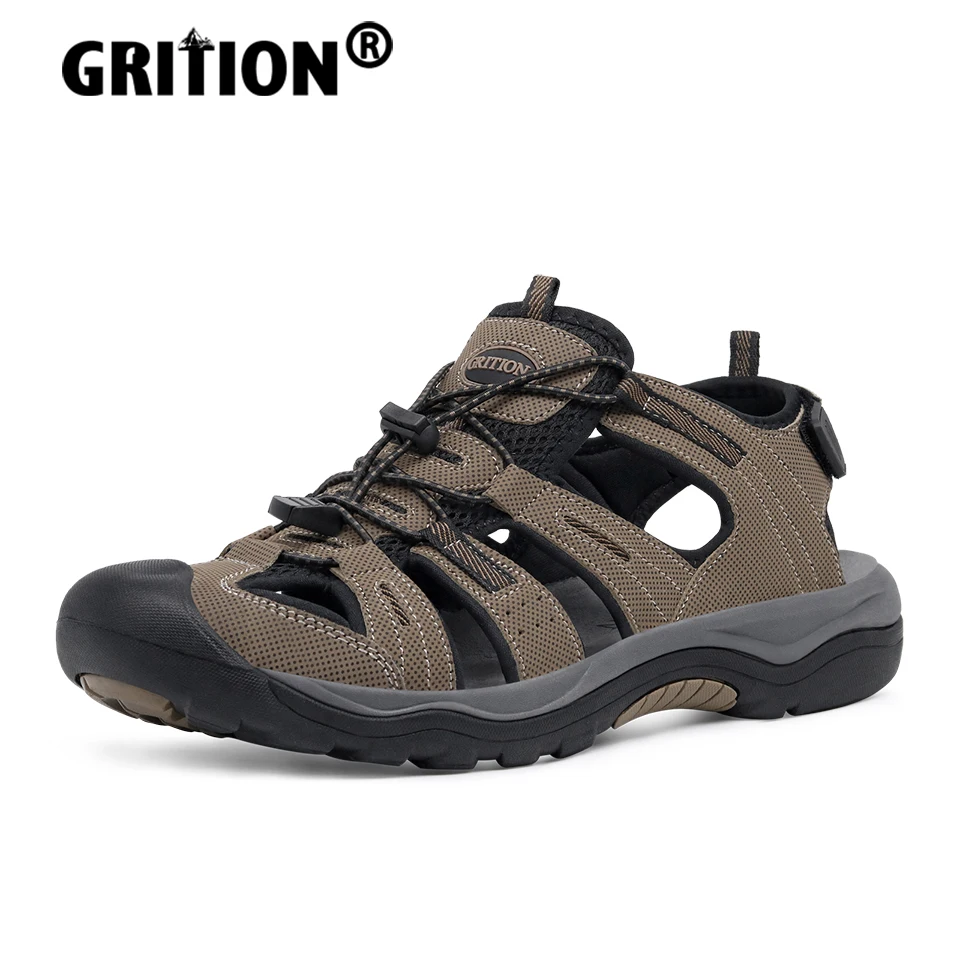 GRITION Men Summer Sport Sandals Outdoor Hiking Beach Comfortable Adjustable Close Toe New Fashion Slippers Flat Shoes Brown