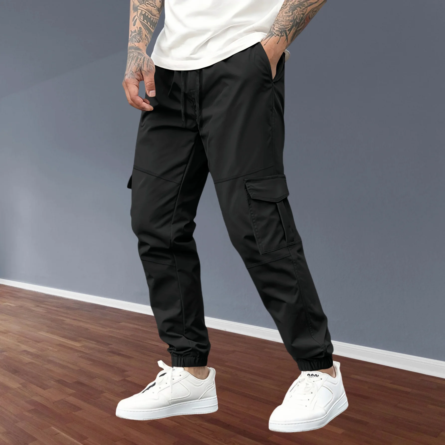 2025 men's casual overalls, youth fashion all-in-one multi-pocket sports pants solid color classic comfortable combat pants