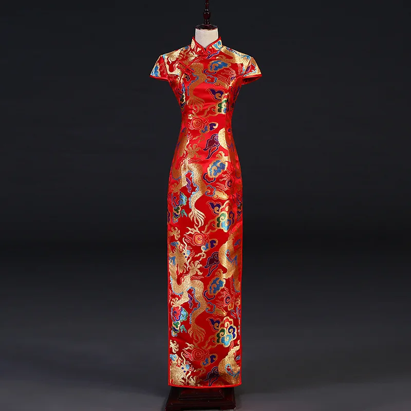 

Red Women Wedding Cheongsam Dress Qipao Chinese Dragon Embroidery Traditional Long Evening Dresses Party Show Costume S2078