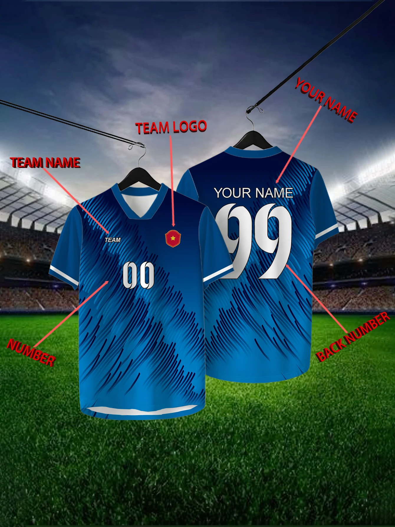 

Customized Geometric Blue Short Sleeved Shirt with Team Name, Emblem, Name and Number, Outdoor Sports Short Sleeved T-shirt