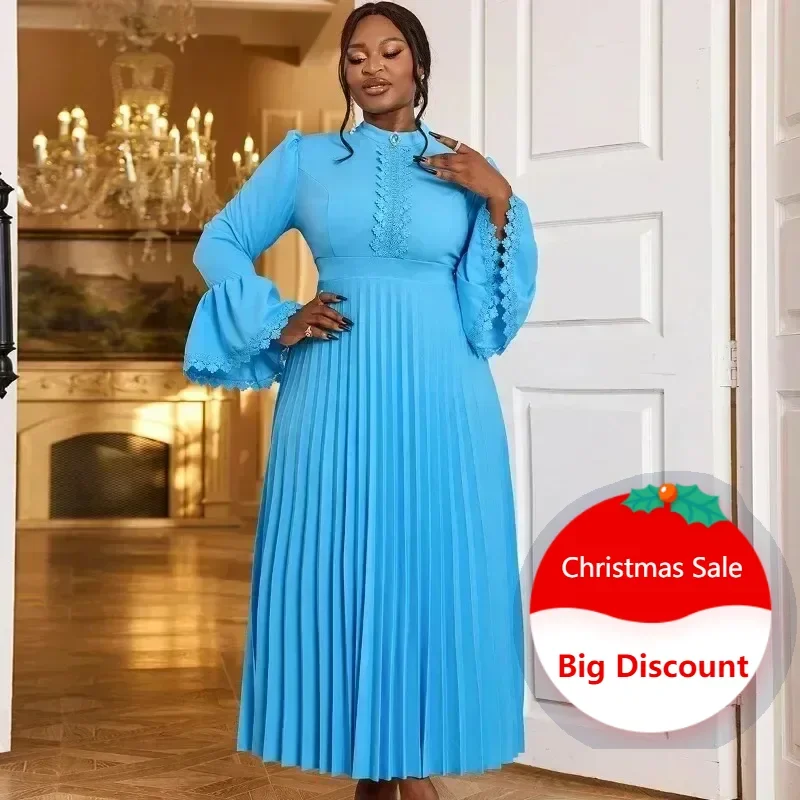 Women's Sexy Blue Lantern Long Sleeved Maxi Dress Elegant Nail Bead Pleated Party Club Princess Dresses Church Muslim Robe