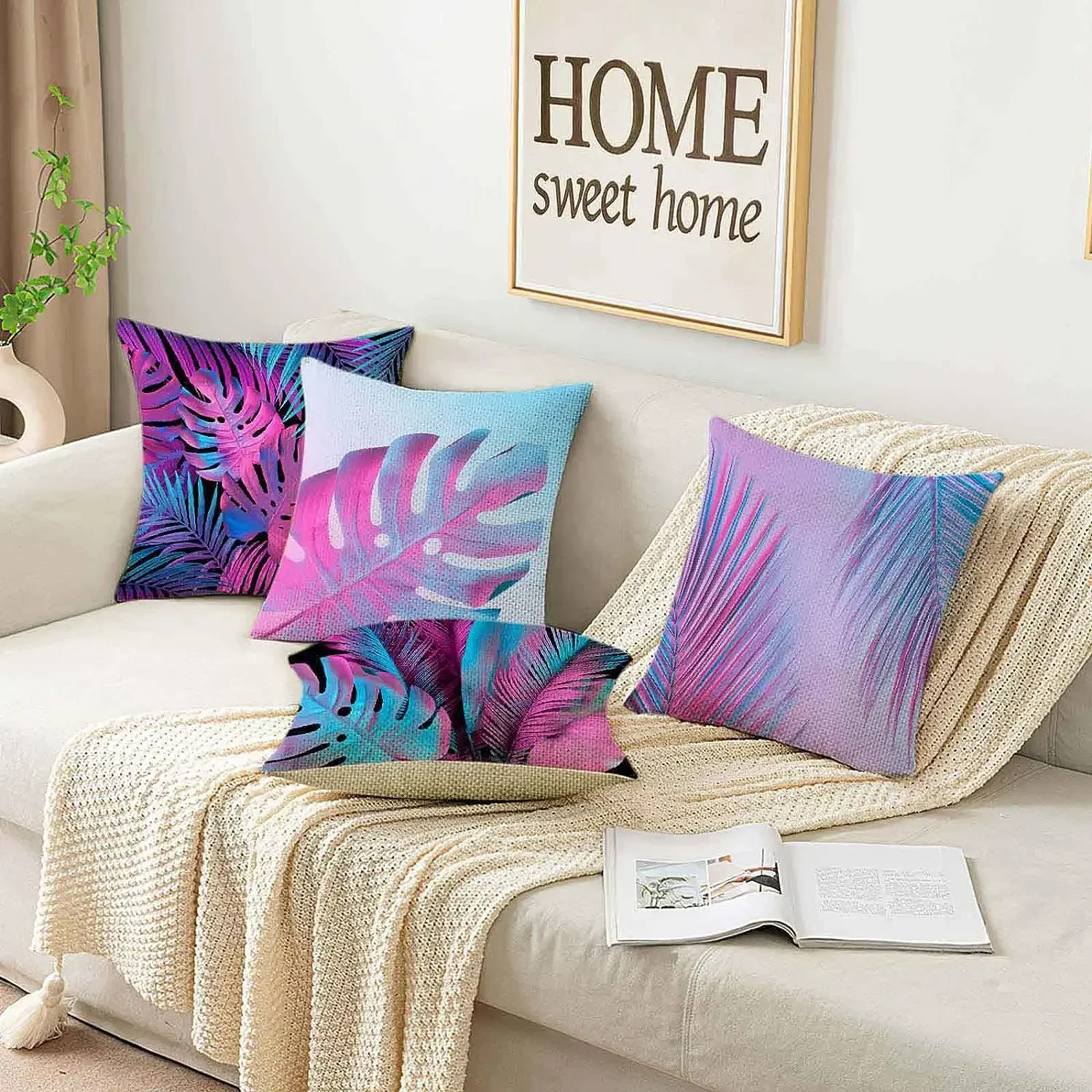 

Tropical Palm Leaf Throw Pillow Case Summer Purple Decorative Pillow Case Simple Cushion Cover Home Decoratio Linen Square