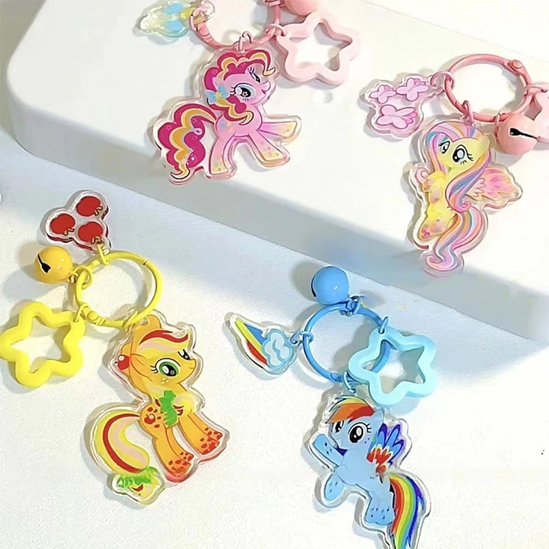 Cartoon My Little Pony Keychain Kawaii Acrylic Fluttershy Twilight Sparkle Rainbow Dash Pendant with Bell Anime Backpack Pendant