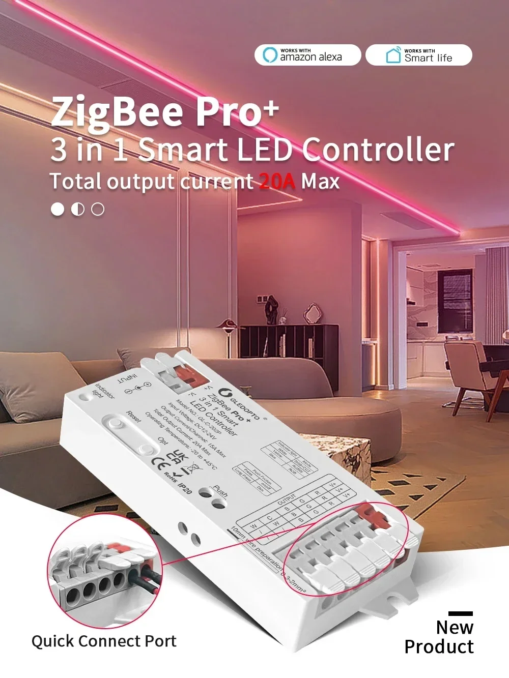 GLEDOPTO ZigBee 3.0 Pro+ 3 in 1 RGBCCT/RGBW/RGB LED Strip Light Controller DC12V-24V 20A Max