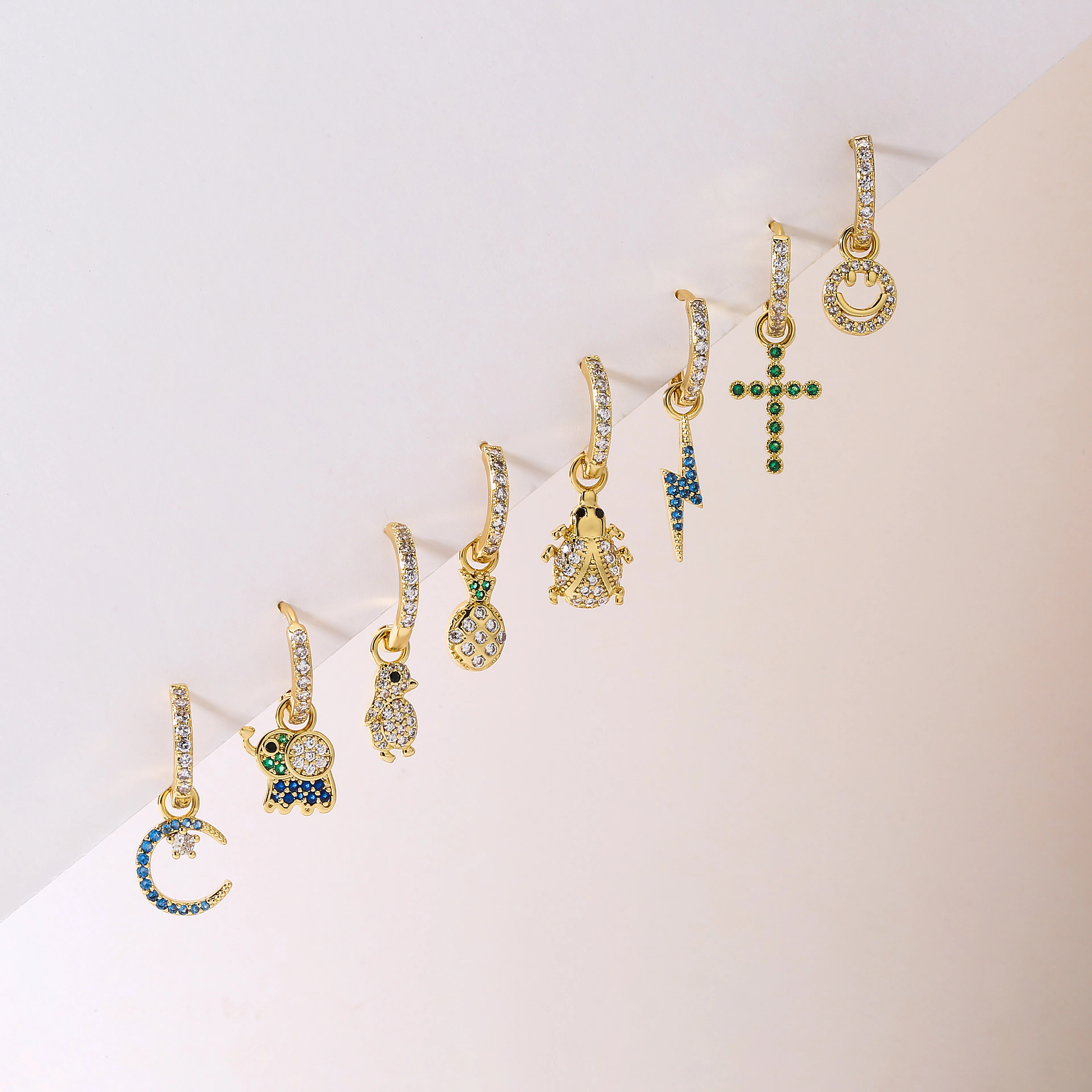 18K Gold Plated Brass New Design CZ Zircon Small Hoops Earrings for Women Lightning cross moon Huggie Fashion Jewelry