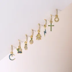 18K Gold Plated Brass New Design CZ Zircon Small Hoops Earrings for Women Lightning cross moon Huggie Fashion Jewelry