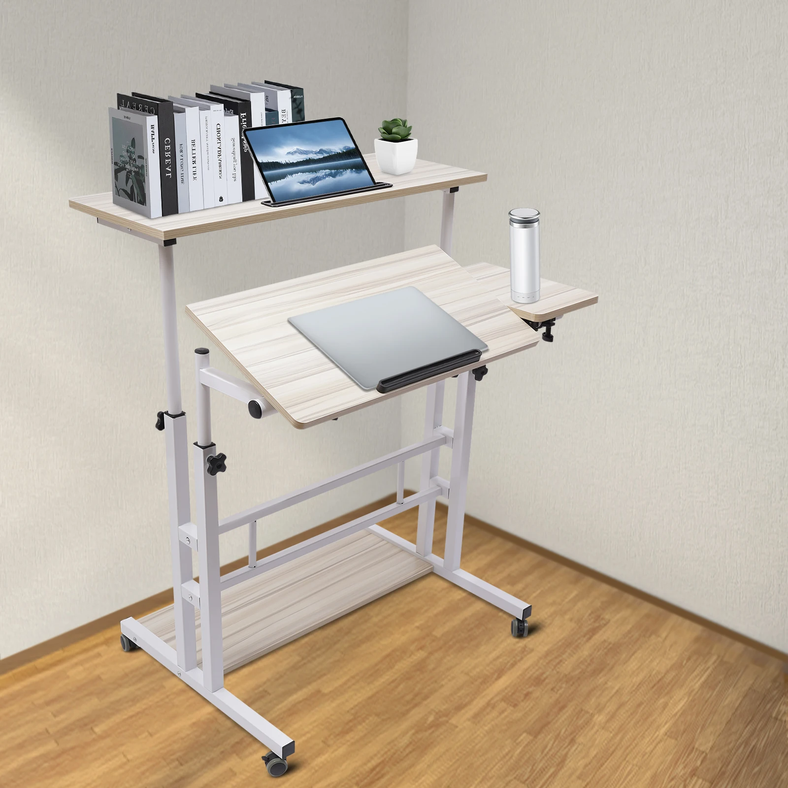 Mobile Stand Up Desk, Adjustable Laptop Desk with Wheels, Storage Desk, Home Office Workstation, Rolling Table, Laptop Cart