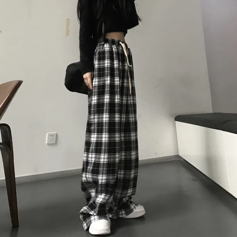 JMPRS Harajuku Black and White Plaid Pants Women Summer Casual Wide Leg Trousers Korean Fashion Loose Straight Pants Y2k Bottom