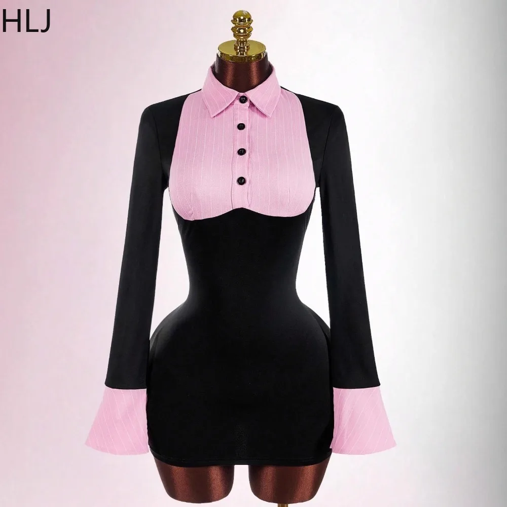 

HLJ Spring New Fashion Color Block Patchwork Bodycon Dresses for Woman Lapel Long Sleeves Buttons Dress Female Office Vestidos