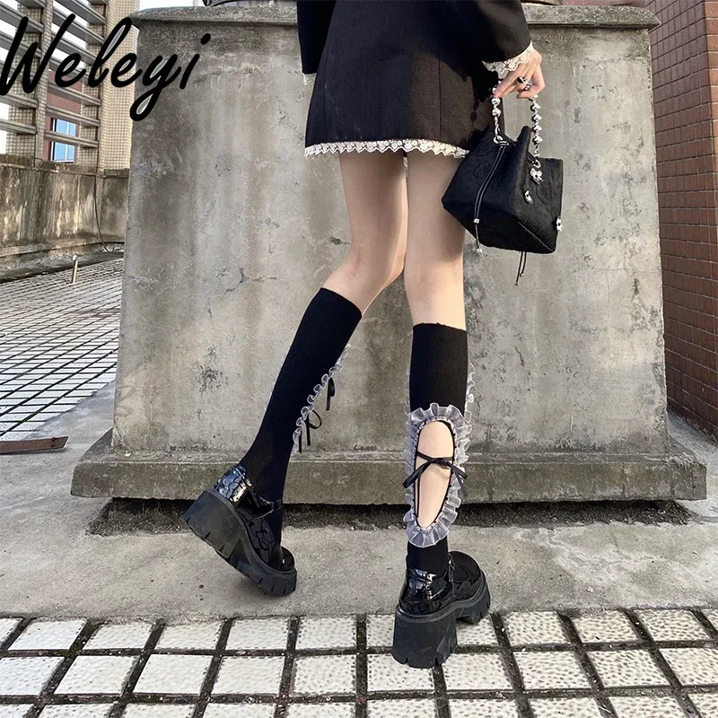 Lolita Cut Mid Length Socks for Women 2024 Spring and Summer New Women's Kawaii Lace Long Leg Ties with Black Lace Calf Socks