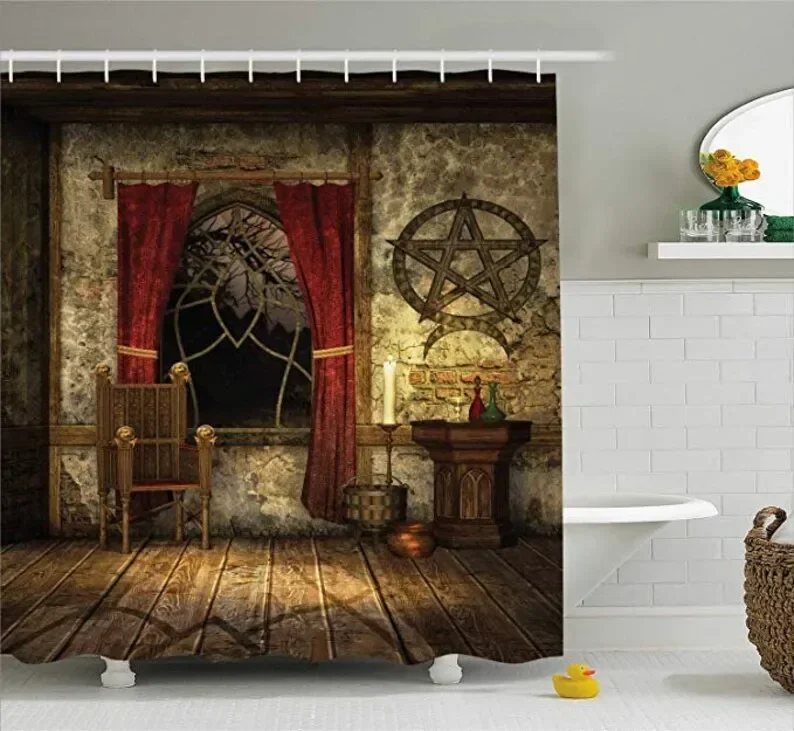 Gothic Shower Curtain Ancient Pentagram Symbol And Red Mystical Medieval Chamber Vintage Culture Cloth Fabric Bathroom Decor