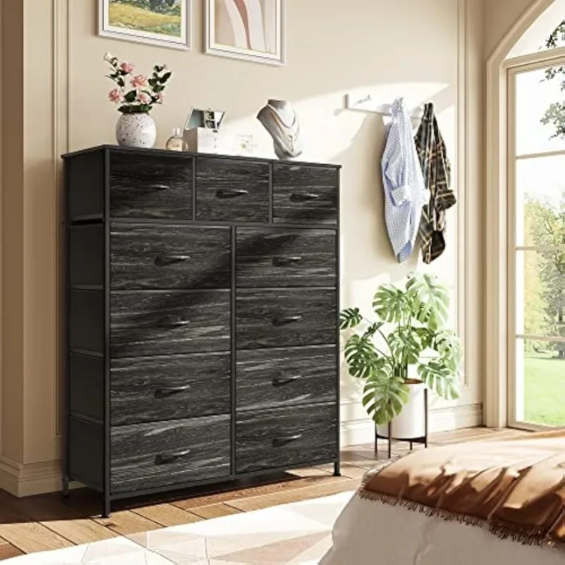 Unit with Fabric Bin, Steel Frame, Wood Top, Easy Pull Handle, Charcoal Black Wood Grain Print Storage Drawers closet organizer