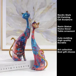 2 Pcs Cat Statue Desk Home Decor Couple Cats Colorful Painted Animal Resin Figurines Interior Room Table Accessories Home Decor