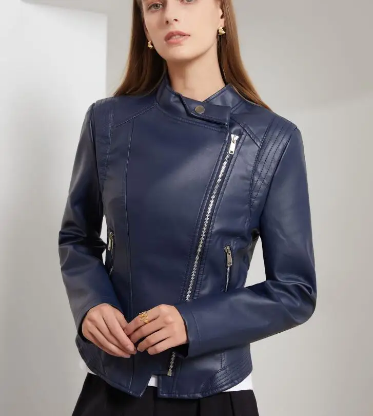 Jaqueta básica feminina solta de couro sintético, casaco clássico de moto moto, senhora outerwear, primavera, outono, nova