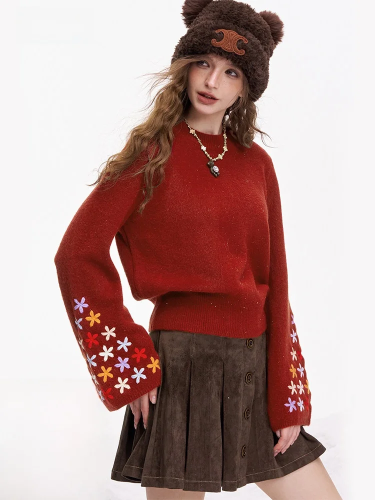 

Мягкий вязаный свитер с цветочным узором, новогодний праздничный халат, с круглым вырезом, длинными рукавами, женский повседневный модный образ