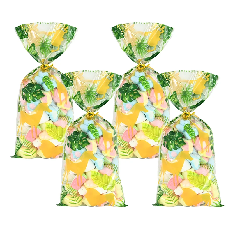 

25/50/100 Pieces Jungle Animal Treat Bag Safari Palm Leaves Plastic Candy Goodie Bags with Gold Twist Ties for Birthday Party