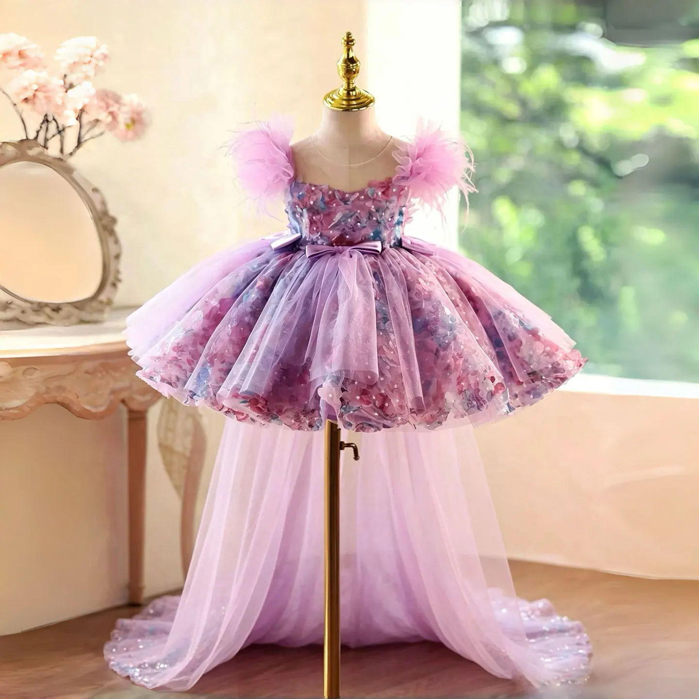 Jill Wish D282 Purple Floral Feather Flower Girl Dress with Detachable Train, Puffy Tulle Princess Party Gown for Kids Girls